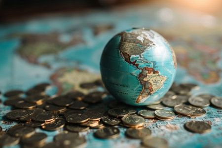 A globe is placed on a stack of coins, symbolizing financial investment and global interconnectedness, Infographic on global venture capital investments, AI Generatedの素材