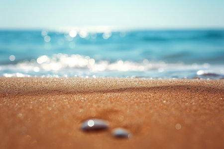 This close-up photo showcases two rocks on a beach, highlighting their unique textures and colors, Individual grains of sand on a beach, AI Generatedの素材
