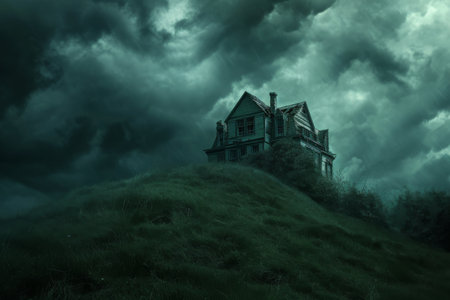 A house sits atop a hill as clouds cover the sky in this photo, Haunted house on top of a hill under a stormy sky, AI Generatedの素材