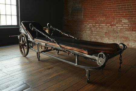 A photograph of a bed with a chain attached to it, captured in a room, Gothic interpretation of a gurney, AI Generatedの素材