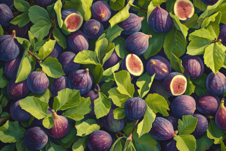 A cluster of fully ripened figs with vibrant green leaves, ready to be harvested, Illustrate a bird's eye view of a vibrant and lush fig orchard brimming with ripe fruits, AI Generatedの素材