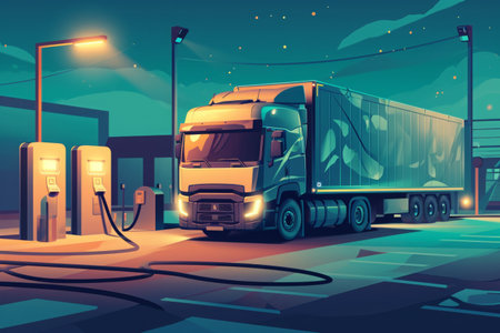 A realistic painting depicting a truck parked at a gas station, capturing the everyday scene, Illustration of an electric truck at a heavy-duty vehicle charging station, AI Generatedの素材