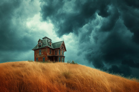 A single house perched on a hill, surrounded by a cloudy sky, Haunted house on top of a hill under a stormy sky, AI Generatedの素材