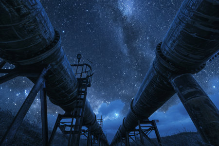 A photo capturing a group of pipes illuminated under a night sky filled with twinkling stars, Industrial pipelines superimposed on a starry night sky, AI Generatedの素材