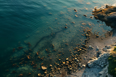 This photo captures a scenic view of a body of water with rocks lining the shore, Helicopter view of a peaceful morning at a rocky beach, AI Generatedの素材