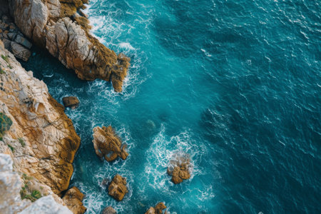 A View of the Ocean From a High Point of View, High altitude view of a tranquil sea surrounded by weather-worn rocks, AI Generatedの素材