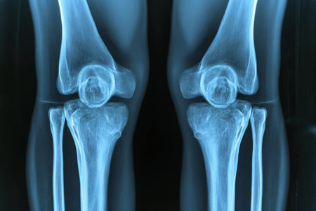 This x-ray image shows a detailed view of a knee joint, providing insights into its structure and potential abnormalities, High resolution image of knees in X-ray, AI Generatedの素材