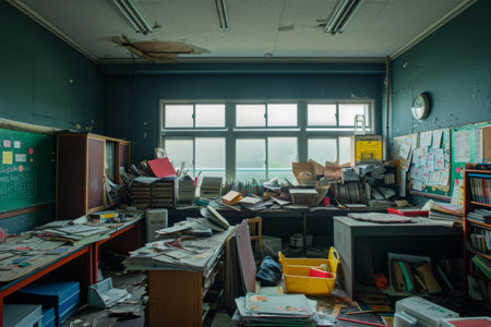 A room filled with a chaotic mess of various objects and belongings, situated beside a window, Hidden corners of an empty classroom cluttered with school supplies, AI Generatedの素材