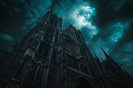A grand cathedral illuminated by the light of a full moon, creating a captivating and mysterious ambiance, Gothic cathedral under a moonlit sky, AI Generatedの素材