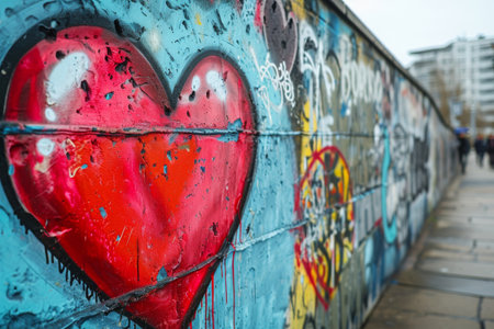 A photo of a wall adorned with a heart-shaped painting, showcasing a simple yet striking piece of urban art, Graffiti of a heart on a city wall, AI Generatedの素材