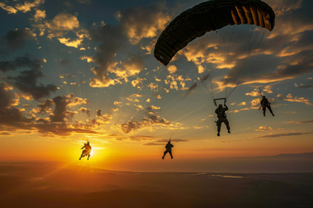 A Group of People Flying Through the Air While Riding Parachutes, Green Berets engaged in a high-altitude parachute jump exercise, against a stunning sunset, AI Generatedの素材