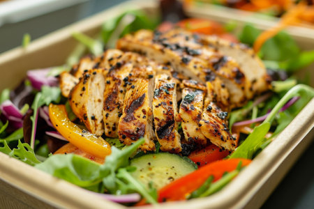 A detailed view of a plate of food featuring cooked chicken as the main dish, Grilled chicken salad in a compostable takeaway box, AI Generatedの素材