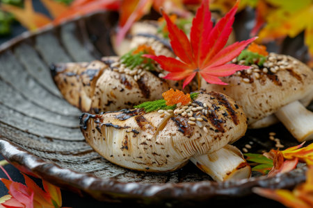A plate filled with an assortment of fresh and colorful vegetables, including tomatoes, lettuce, carrots, and bell peppers, Grilled Matsutake mushrooms with autumn leaves decor, AI Generatedの素材