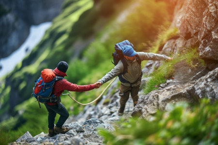 Two individuals are scaling a steep mountain, working together to conquer the challenging terrain, Hiker's grit; lending a pull to a friend on a steep mountain track, AI Generatedの素材
