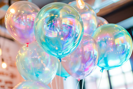 A vibrant bunch of colorful balloons floating gracefully in the sky above, Holographic balloons for a futuristic birthday party theme, AI Generatedの素材