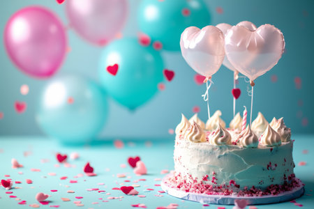 A birthday cake with white frosting decorated with pink and blue balloons, Heart-shaped balloons floating around a birthday cake, AI Generatedの素材