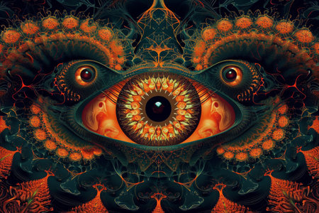 An eye is prominently displayed in the center of a visually striking and vibrant psychedelic image, Halloween inspired psychedelic patterns for inner spirit interpretation, AI Generatedの素材