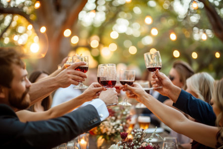 A lively gathering of friends celebrating with a toast, raising their wine glasses and sharing laughter and joy, Guests clinking glasses at a stylish cocktail wedding reception, AI Generatedの素材