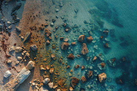 This aerial photograph showcases a beach adorned with rocks and bordered by crystal-clear water, Immersive aerial view of a wild seafront with scattered rocks, AI Generatedの素材