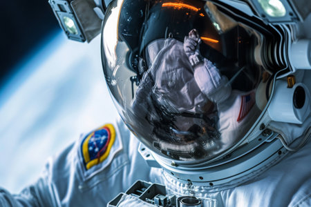 Close Up of a Person in a Space Suit, Imagine a close-up of a space-suited astronaut, featuring striking details of the helmet and gear, AI Generatedの素材