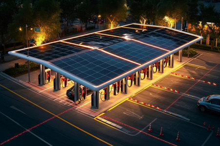 This photo depicts an aerial perspective of a gas station bustling with activity during the nighttime hours, High angle view of a solar-powered electric vehicle charging station, AI Generatedの素材