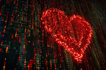 A red heart is shown on a digital background, creating a striking contrast between traditional imagery and modern technology, Heart symbol transformed into pattern of binary 1's and 0's, AI Generatedの素材