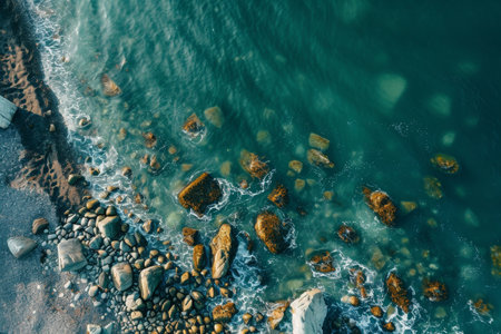 Aerial View of a Beach With Rocks and Water, Immersive aerial view of a wild seafront with scattered rocks, AI Generatedの素材