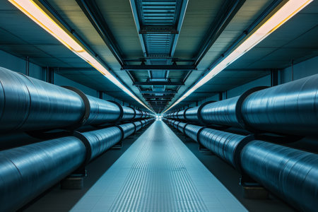 A photograph showcasing a lengthy hallway filled with an abundance of pipes, Industrial pipelines contrasted with minimalistic architectural structures, AI Generatedの素材