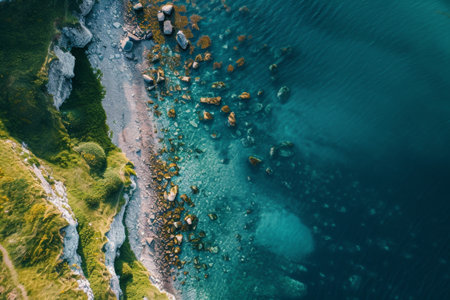 An overhead view showcasing a beach and a body of water, providing a comprehensive look at the coastal landscape, Immersive aerial view of a wild seafront with scattered rocks, AI Generatedの素材