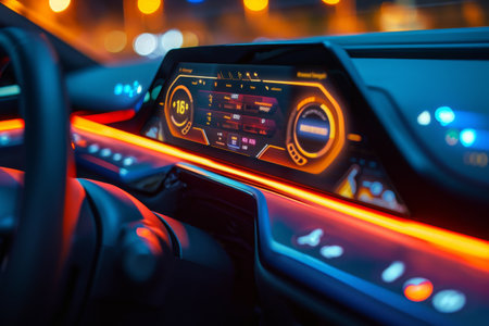 A Car Dashboard With a Digital Display and a Steering Wheel, Innovative design of an in-car display showing electric vehicle charging progress, AI Generatedの素材