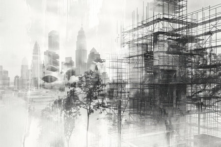 A black and white photo capturing the cityscape with prominent scaffolding structures, Innovative construction project outline on a double exposure canvas, AI Generatedの素材