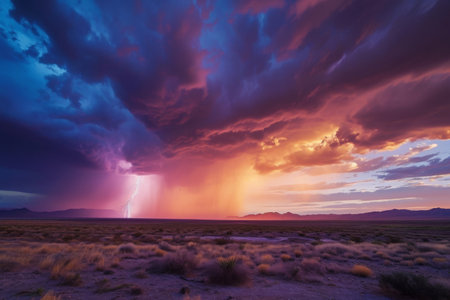 A large cloud dominates the sky as bolts of lightning illuminate the scene with their powerful energy, Intense thunderstorm over a desert, AI Generatedの素材