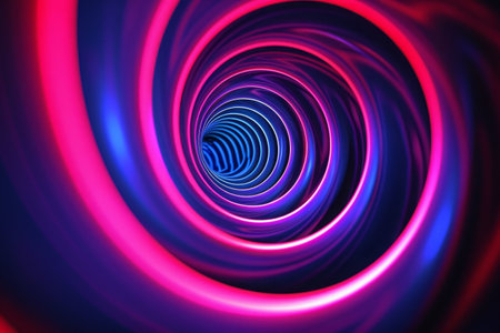 An abstract photograph showcasing a swirling pattern of vibrant blue and pink colors, Hypnotic spirals in a fusion of neon and dark colors, AI Generatedの素材
