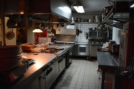 Organized Kitchen With Abundance of Pots and Pans, Italian restaurant kitchen unattended after closing time, AI Generatedの素材