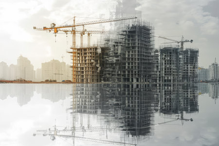 A Building Under Construction With a Crane in the Background, Juxtaposition of current construction projects and future building designs, AI Generatedの素材