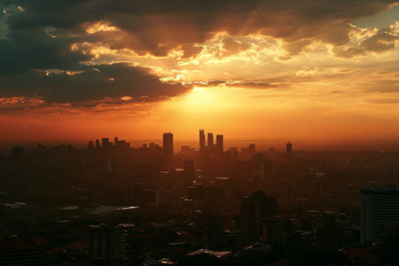The sun is setting behind tall buildings in a city, casting a warm golden glow over the urban landscape, Johannesburg's skyline in the shadow of sunset, AI Generatedの素材