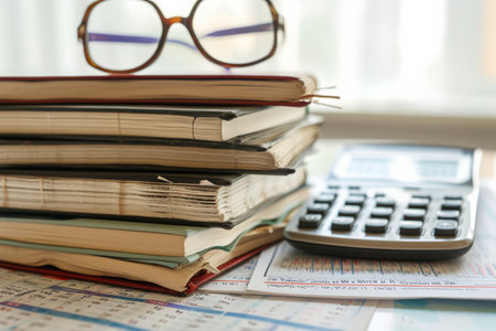 A photograph of a stack of books sitting next to a calculator and a pair of glasses, Ledger books stacked up with a calculator and a pair of glasses, AI Generatedの素材