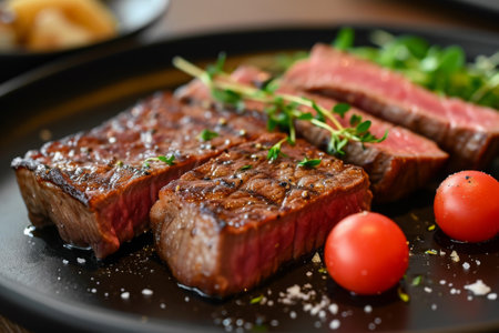 A plate of steak and tomatoes is placed on a table, showcasing a delicious meal waiting to be enjoyed, Kobe Beef steak, grilled to perfection, AI Generatedの素材