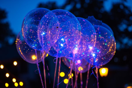 A bunch of balloons that emit a captivating glow in the dark, LED light-up balloons for a nighttime birthday celebration, AI Generatedの素材