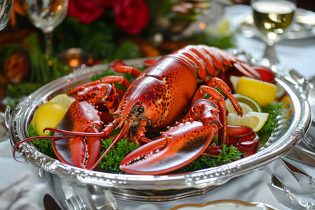 A platter filled with freshly cooked lobsters and garnished with lemon slices is placed on a table, Lobster dinner served on a silver platter, AI Generatedの素材