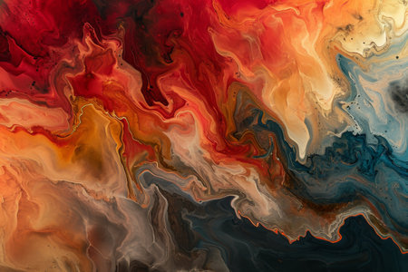 An abstract painting featuring vibrant red, yellow, and blue colors in a dynamic composition, Layers of warm, swirling colors with a fluid art feel, AI Generatedの素材