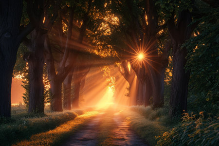 The sun shines through the dense foliage, creating rays of light that illuminate the road, Luminous tree alley during sunrise in an isolated park, AI Generatedの素材