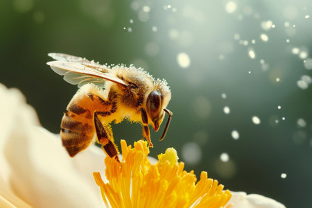 A bee sitting on a flower, collecting nectar with its proboscis, Macro perspective of a bee collecting pollen from a flower, AI Generatedの素材