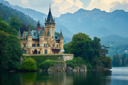 A majestic castle sits atop a serene lake, with towering mountains encircling the breathtaking landscape, Majestic castle hosting a royal birthday celebration, AI Generatedの素材