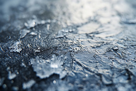 A detailed, close-up view of the icy surface on the ground, showcasing the textures and patterns formed, Macro shot of a thin ice sheet, AI Generatedの素材