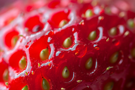 This close-up photo showcases a ripe strawberry with water drops on its surface, highlighting its freshness and juiciness, Macro shot of a ripened strawberryÃ¢â¬â¢s seeds, AI Generatedの素材