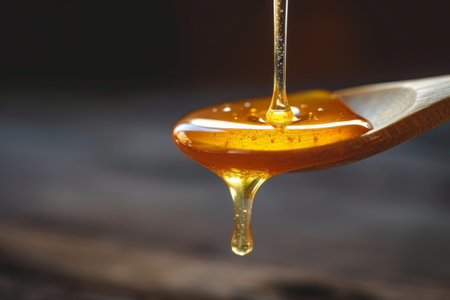 A silver spoon is shown with honey dripping slowly from it onto a surface, Manuka honey dripping from a wooden spoon, AI Generatedの素材