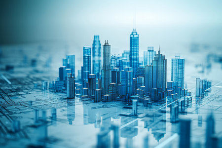 A Vast Metropolitan Skyline, Merge of construction engineering project blueprints with a futuristic city, AI Generatedの素材
