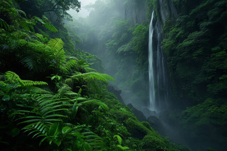 A captivating photo showcasing a powerful waterfall flowing through a lush green forest, Misty rainforest with a hidden waterfall, AI Generatedの素材