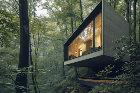 A house nestled in the dense foliage of a forest, surrounded by trees on all sides, Micro-house in a secluded forest, AI Generatedの素材